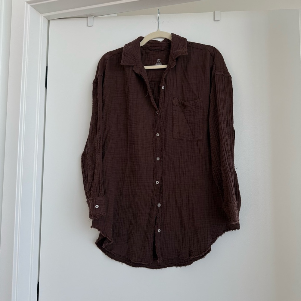 aerie Brown Gauzy Button-Up Coverup Shirt - Picture 4 of 6